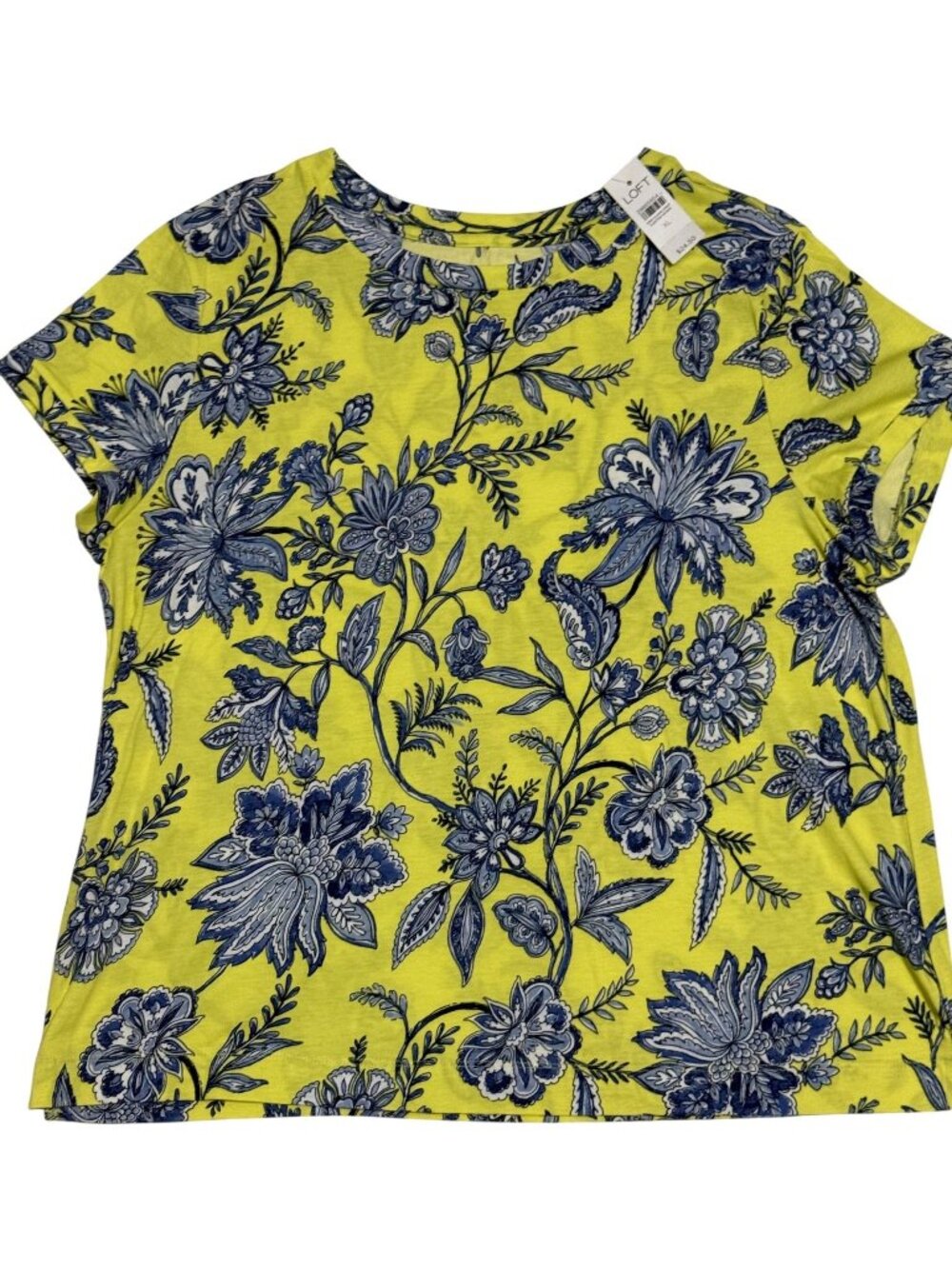 LOFT Women's Yellow & Blue Jacobean Floral Print Short Sleeve Tee Shirt XL, NWT